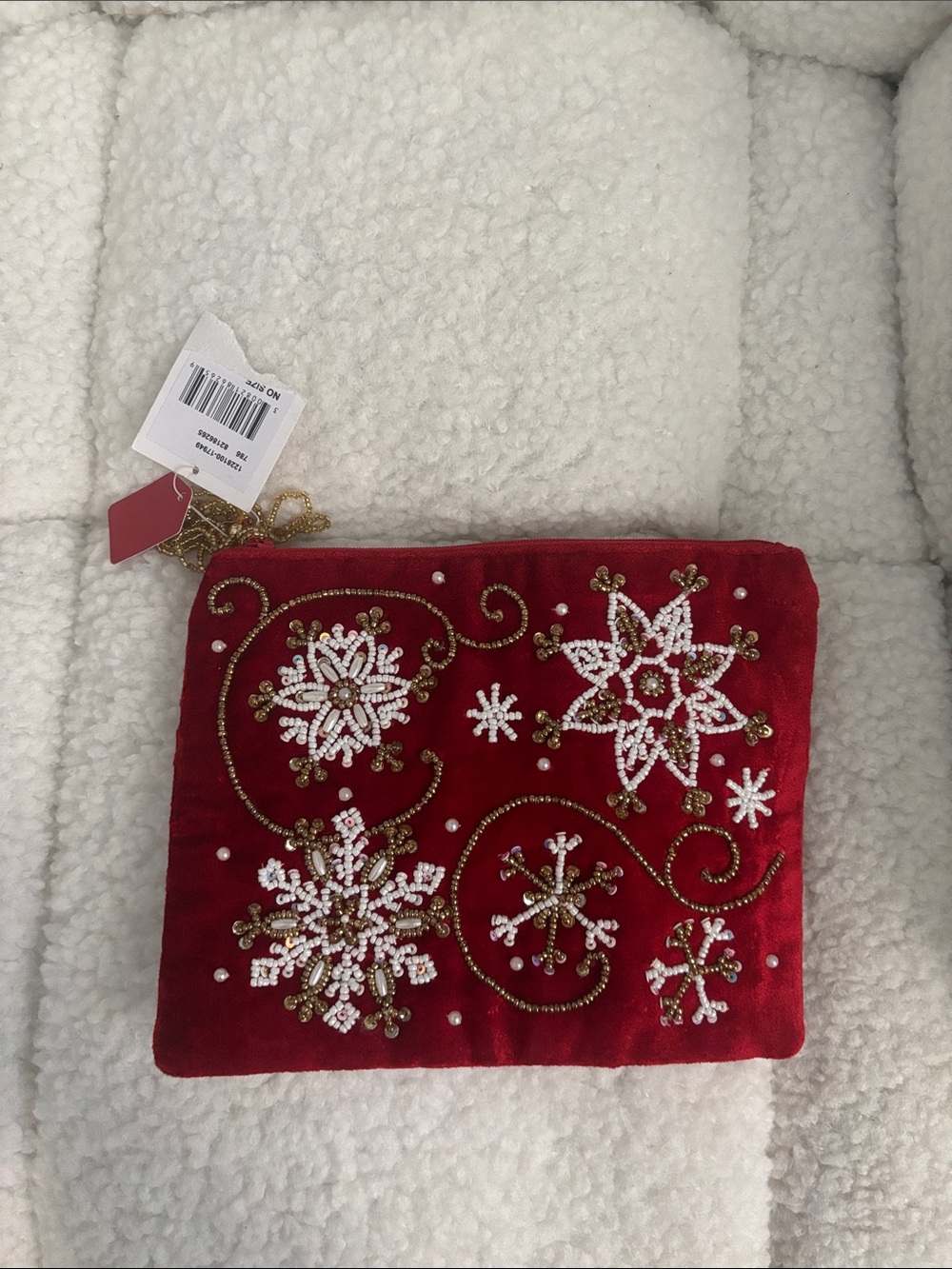 Red Beaded Snowflake Velvet Clutch with Gold Accents